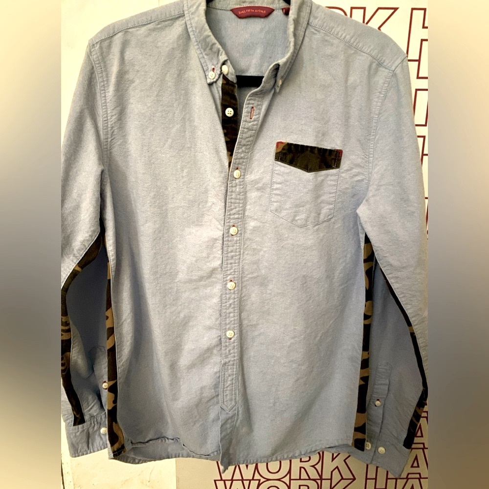 SAKS FIFTH AVENUE Blue Chambray with Camouflage Details L/S Mens Shirt M